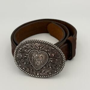 Girls Justin Trophy Heart Western Belt Size 24 Brown Tooled Leather USA